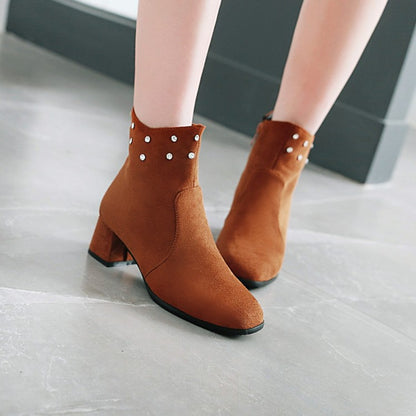 Women's Flock Round Toe Rhinestone Side Zippers Block Chunky Heel Short Boots