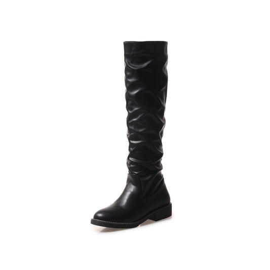 Women's Glossy Round Toe Stitch Knee High Boots