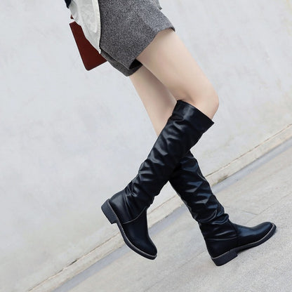 Women's Glossy Round Toe Stitch Knee High Boots