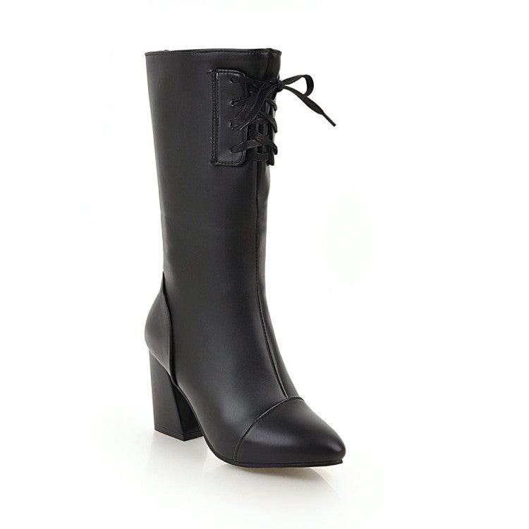 Women's Pointed Toe Lace-Up Block Chunky Heel Mid-Calf Boots