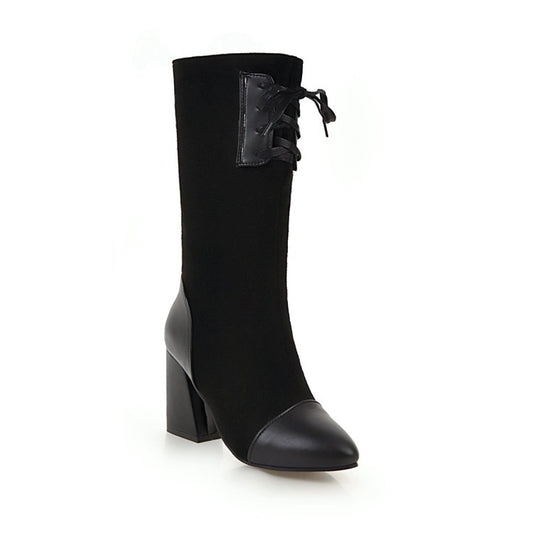 Women's Pointed Toe Lace-Up Block Chunky Heel Mid-Calf Boots
