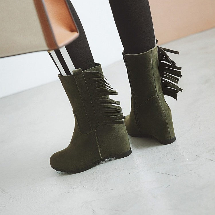 Women's Flock Round Toe Side Zippers Inside Heighten Wedge Heel Short Boots