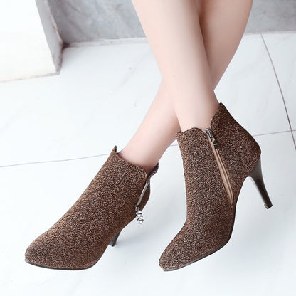 Women's Glitter Pointed Toe Side Zippers Cone Heel Ankle Boots