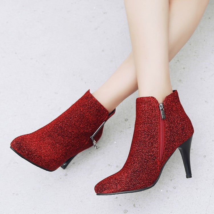 Women's Glitter Pointed Toe Side Zippers Cone Heel Ankle Boots