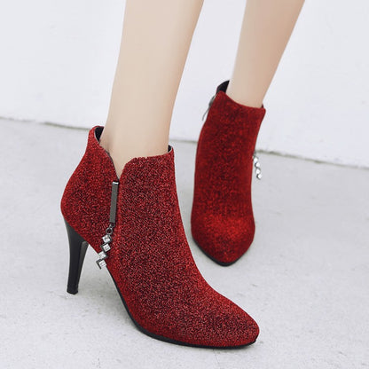 Women's Glitter Pointed Toe Side Zippers Cone Heel Ankle Boots