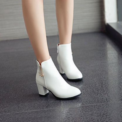 Women's Pu Leather Pointed Toe Side Zippers Rhinestone Block Chunky Heel Short Boots