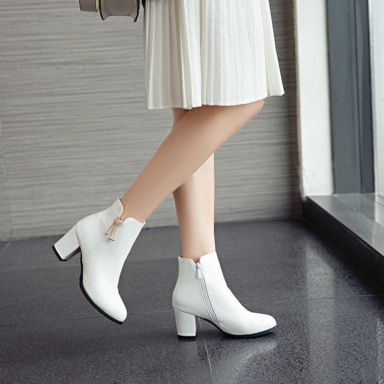 Women's Pu Leather Pointed Toe Side Zippers Rhinestone Block Chunky Heel Short Boots