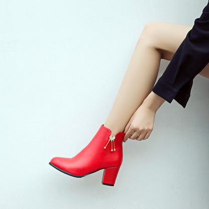 Women's Pu Leather Pointed Toe Side Zippers Rhinestone Block Chunky Heel Short Boots