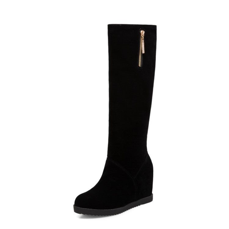 Women's Flock Round Toe Zippers Wedge Heel Knee High Boots