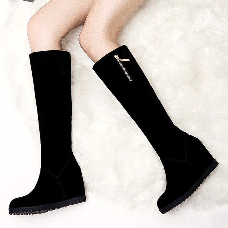 Women's Flock Round Toe Zippers Wedge Heel Knee High Boots