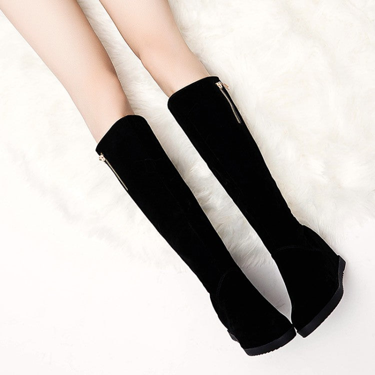 Women's Flock Round Toe Zippers Wedge Heel Knee High Boots