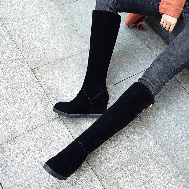 Women's Flock Round Toe Zippers Wedge Heel Knee High Boots