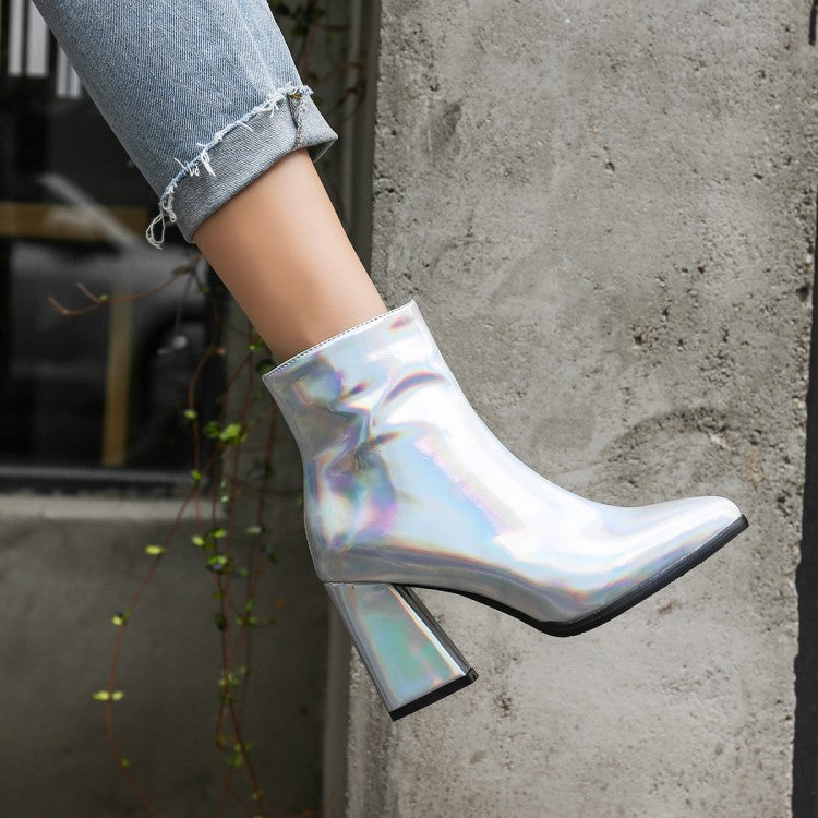 Women's Metal Patent Side Zippers Block Chunky Heel Short Boots