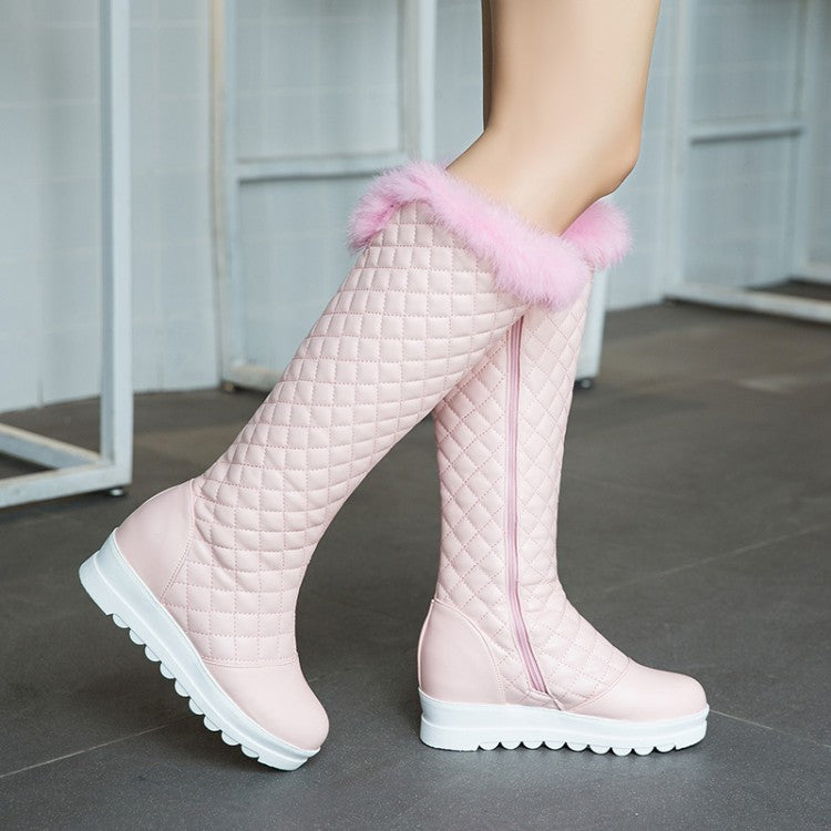Women's Pu Leather Round Toe Furry Inside Heighten Platform Wedge Heel Mid Calf Boots