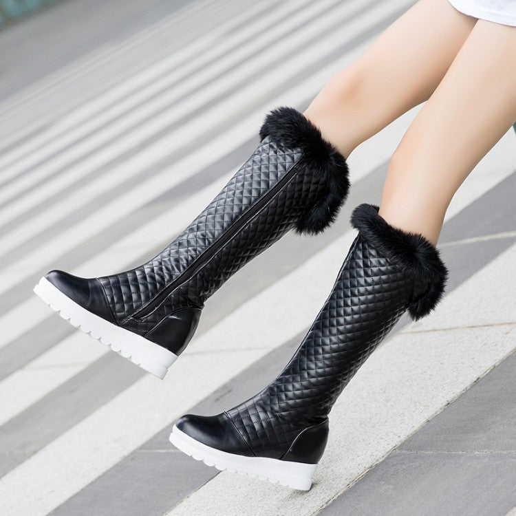Women's Pu Leather Round Toe Furry Inside Heighten Platform Wedge Heel Mid Calf Boots