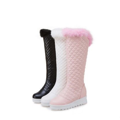 Women's Pu Leather Round Toe Furry Inside Heighten Platform Wedge Heel Mid Calf Boots