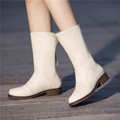 Women's Round Toe Back Zippers Block Heel Mid Calf Boots