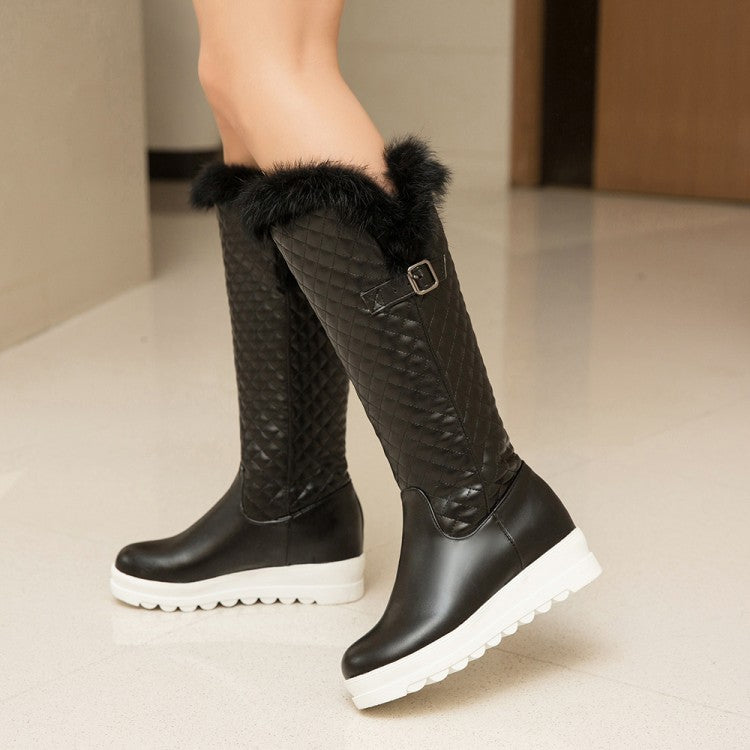 Women's Pu Leather Round Toe Inside Heighten Platform Wedge Heel Mid Calf Boots