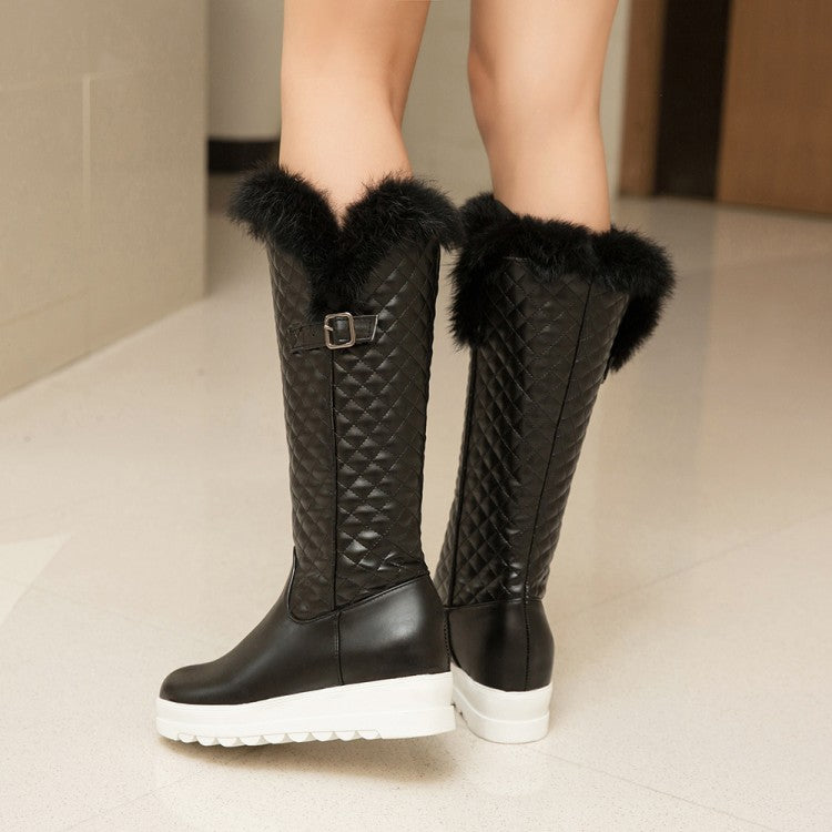Women's Pu Leather Round Toe Inside Heighten Platform Wedge Heel Mid Calf Boots