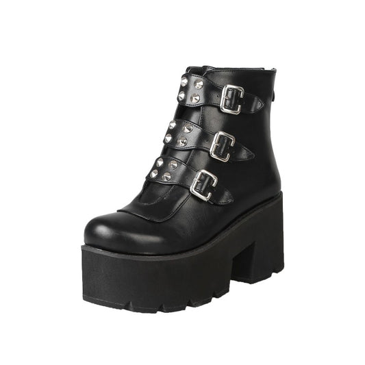 Women's Glossy Round Toe Metal Rivets Buckle Straps Wedge Heel Platform Ankle Boots
