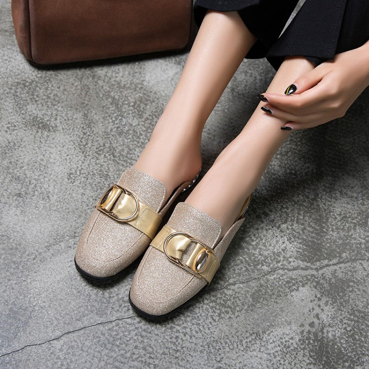 Women's Metal Buckles Block Chunky Heel Slides