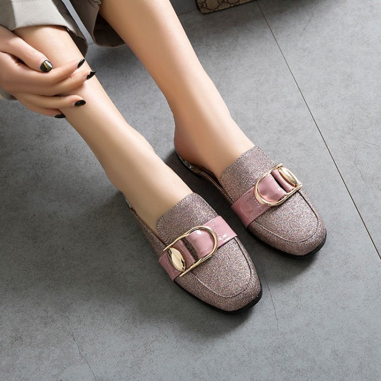 Women's Metal Buckles Block Chunky Heel Slides