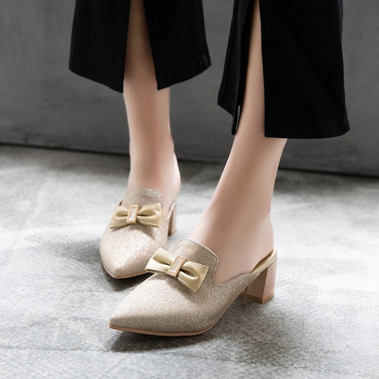Women's Glittery Bow Tie Pointed Toe Block Heel Slides