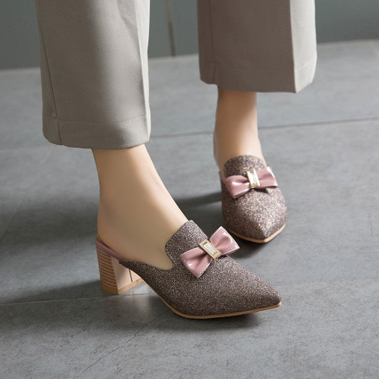 Women's Glittery Bow Tie Pointed Toe Block Heel Slides