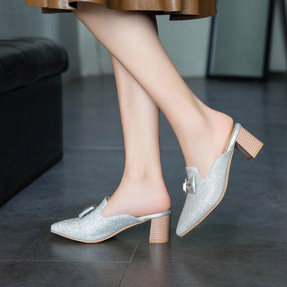 Women's Glittery Bow Tie Pointed Toe Block Heel Slides