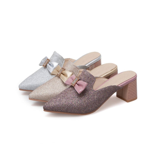 Women's Glittery Bow Tie Pointed Toe Block Heel Slides