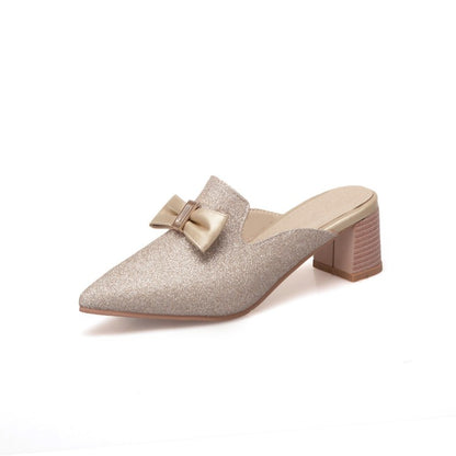 Women's Glittery Bow Tie Pointed Toe Block Heel Slides