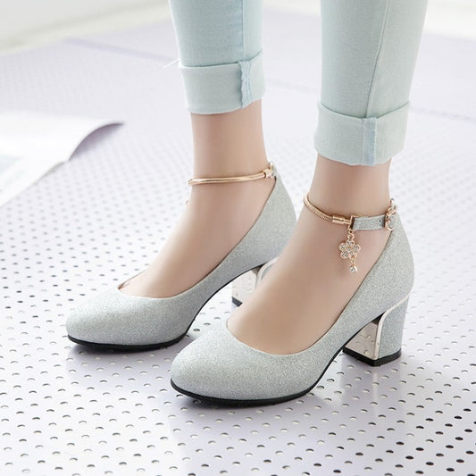 Women Shallow Ankle Strap Rhinestone Block Heel Pumps