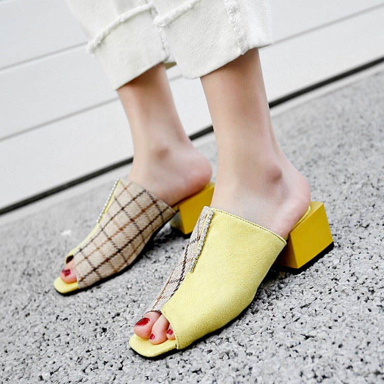 Women's Bicolor Square Toe Block Chunky Heel Slides Sandals
