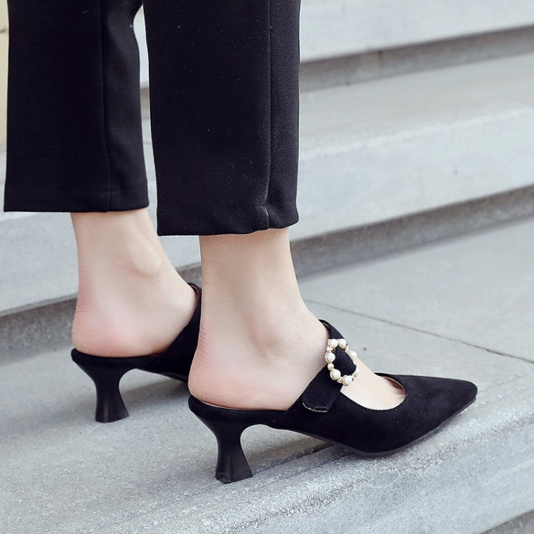 Women's Pointed Toe Pearls Rings Spool Heel Slides Slip On Sandals