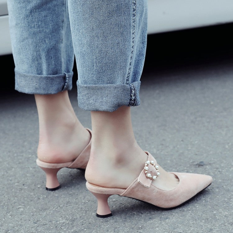 Women's Pointed Toe Pearls Rings Spool Heel Slides Slip On Sandals