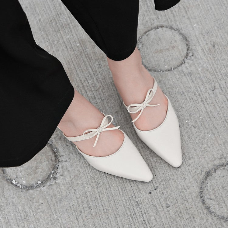 Women's Pointed Toe Tie Straps Spool Heel Slides Slip On Sandals