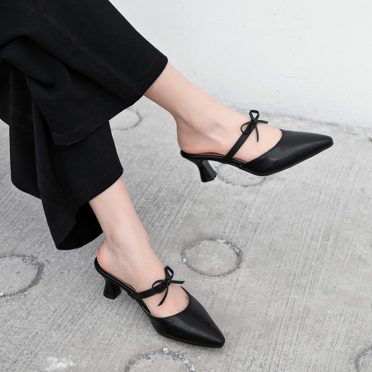 Women's Pointed Toe Tie Straps Spool Heel Slides Slip On Sandals