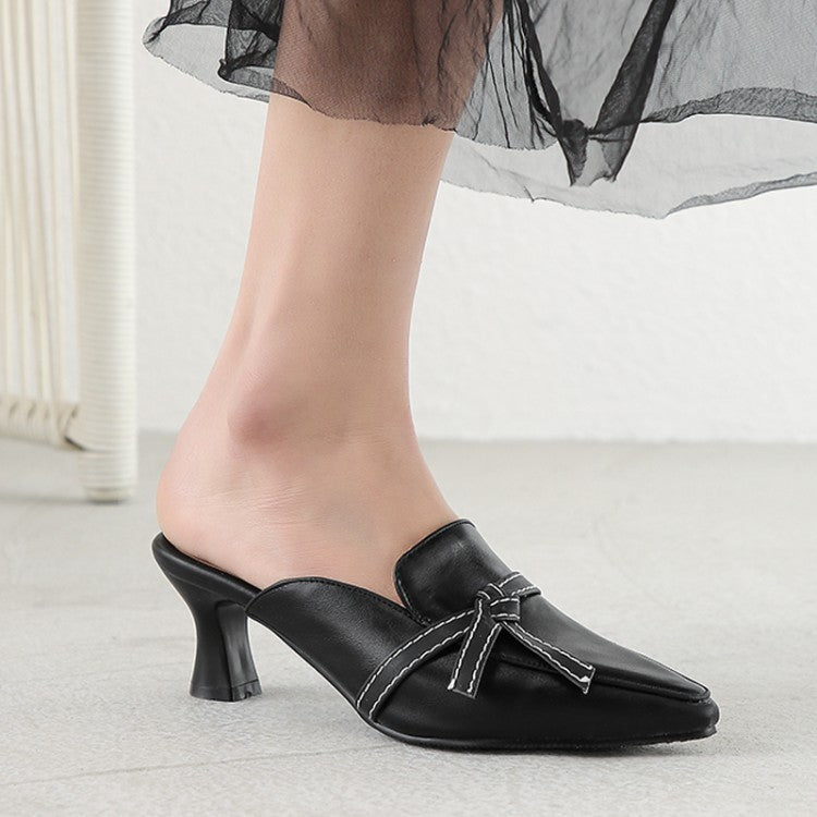 Women's Pointed Toe Bicolor Bow Tie Spool Heel Slides Slip On Sandals