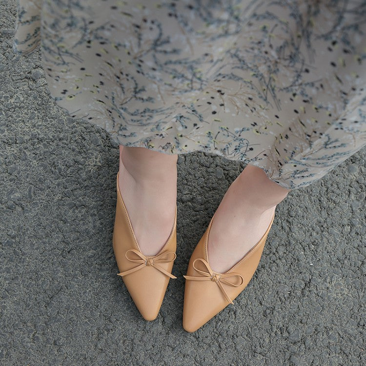 Women's Pointed Toe Bow Tie Spool Heel Slides Slip On Sandals