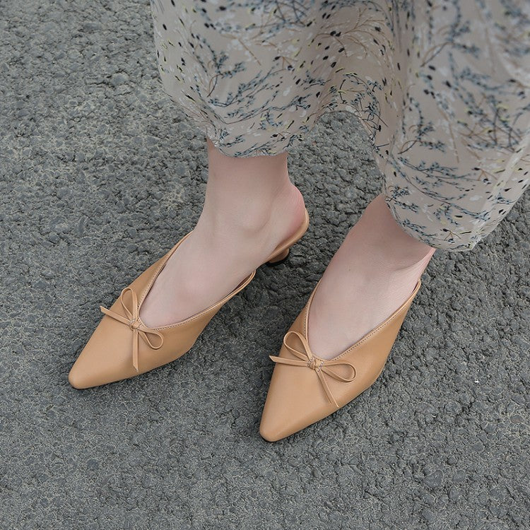 Women's Pointed Toe Bow Tie Spool Heel Slides Slip On Sandals