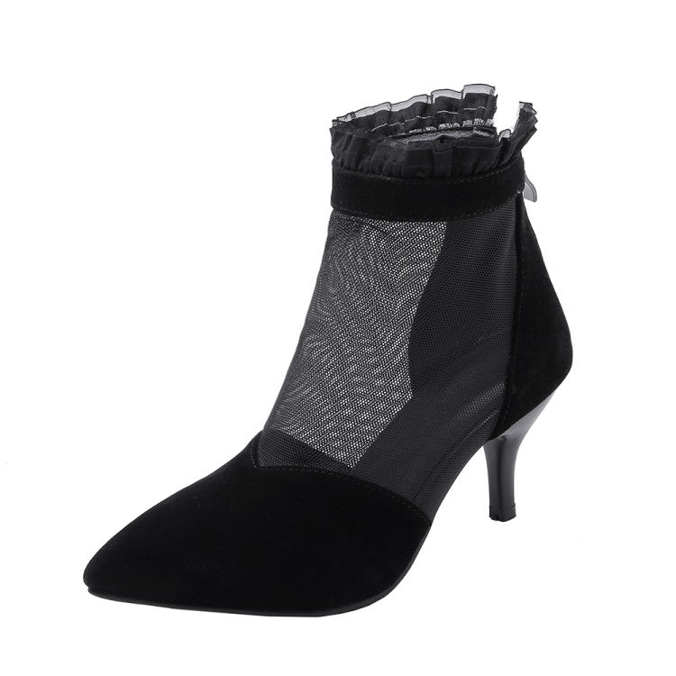 Women's Ankle Boots Pointed Toe Lace Mesh High Heel Booties