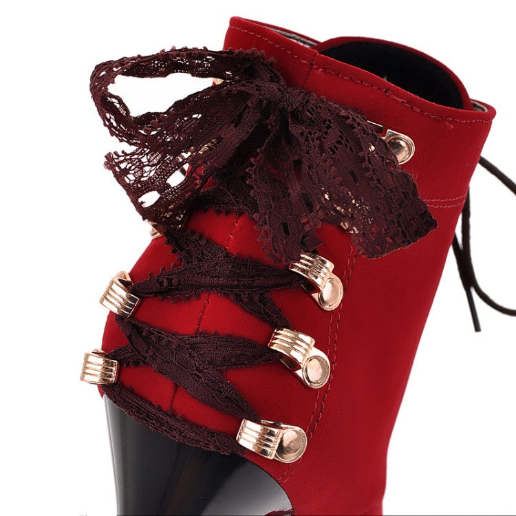 Women's
 Suede Round Toe Lace Up Back Tied Stiletto Heel Platform Short Boots