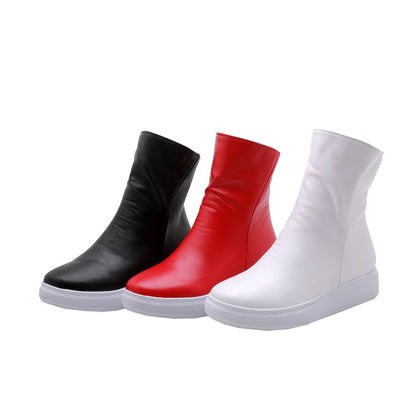 Women's Pu Leather Round Toe Side Zippers Flat Platform Short Boots