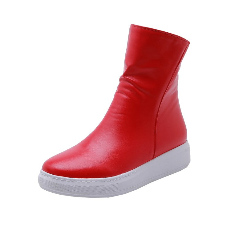 Women's Pu Leather Round Toe Side Zippers Flat Platform Short Boots