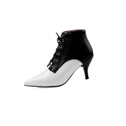 Women's Bicolor Pointed Toe Lace Up Kitten Heel Ankle Boots