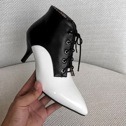 Women's Bicolor Pointed Toe Lace Up Kitten Heel Ankle Boots