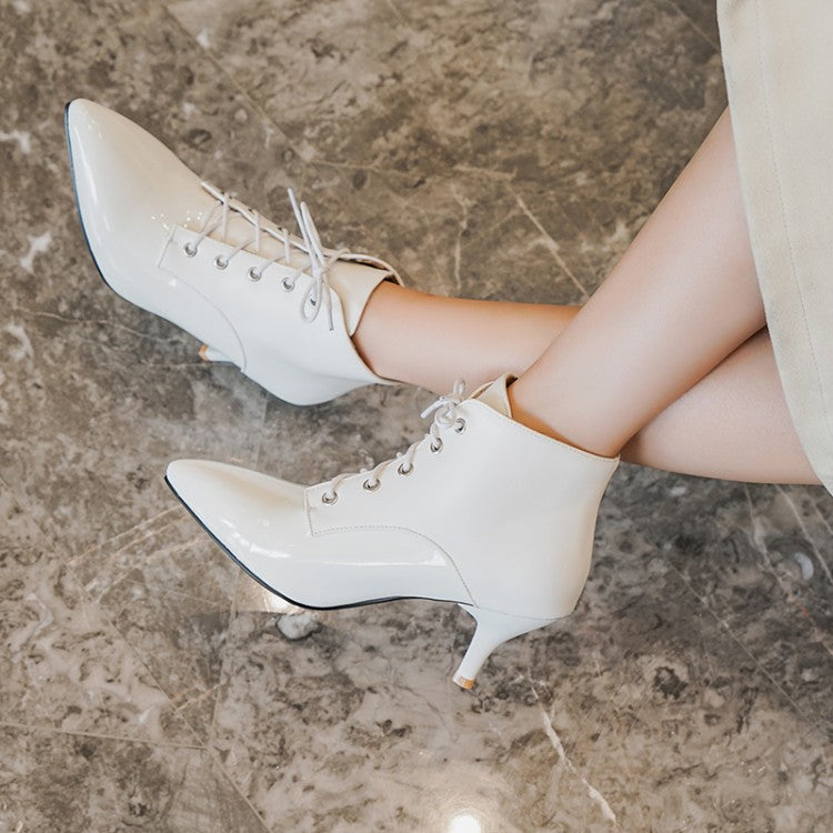 Women's Bicolor Pointed Toe Lace Up Kitten Heel Ankle Boots