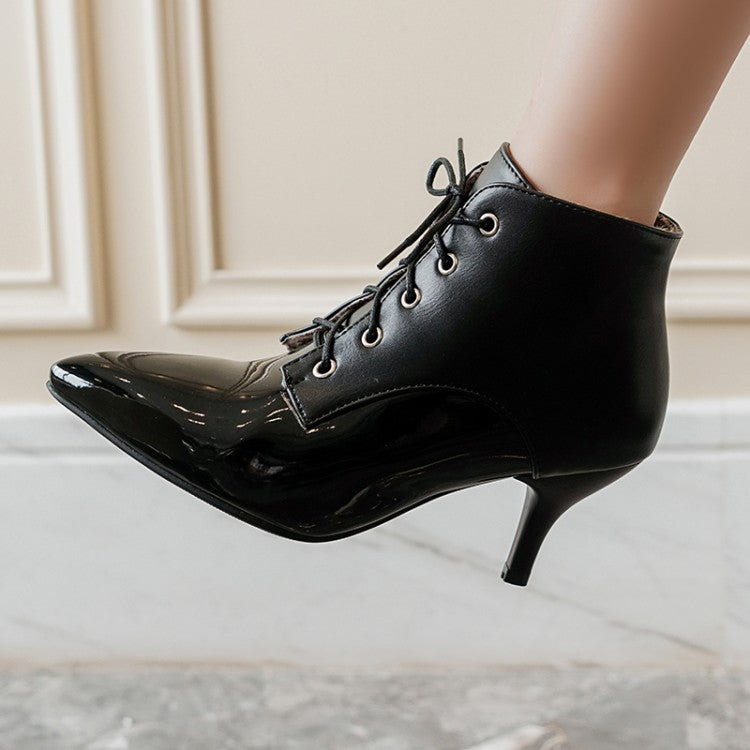 Women's Bicolor Pointed Toe Lace Up Kitten Heel Ankle Boots