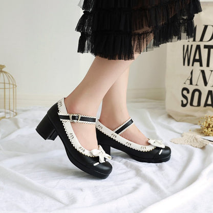 Women's Mary Janes Bow Tie Block Heel Pumps