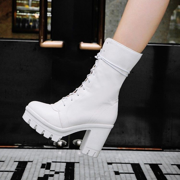 Women's Round Toe Lace Up Block Heel Platform Mid Calf Boots